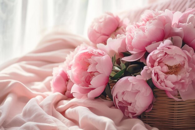 Foto peonie rosa nel cesto su un letto