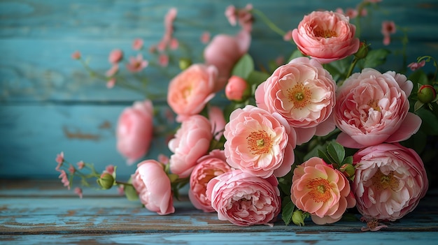 Pink peonies on a blue wooden background