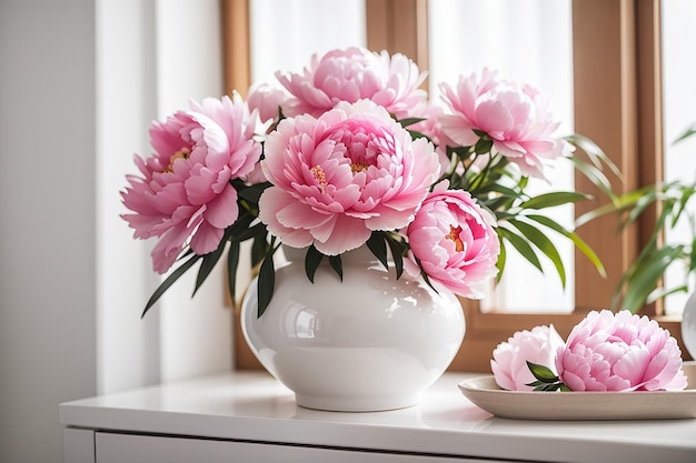 Pink peonies in ceramic white vase in white interior