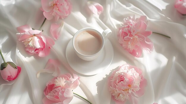 Pink peonies coffee with milk and cute feminine accessories on the white background Generative AI