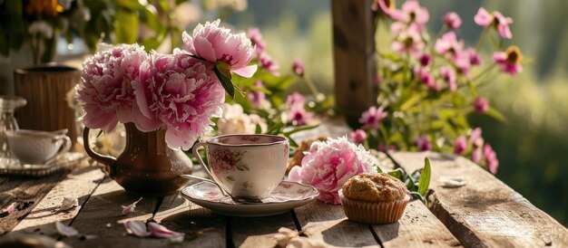 Photo pink peonies and green vines on a table with a coffee cup and bread