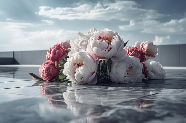 Foto peonie rosa su uno sfondo di marmo