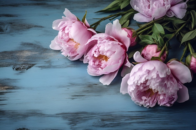 Pink peonies on the old blue background Top viewGeneration AI