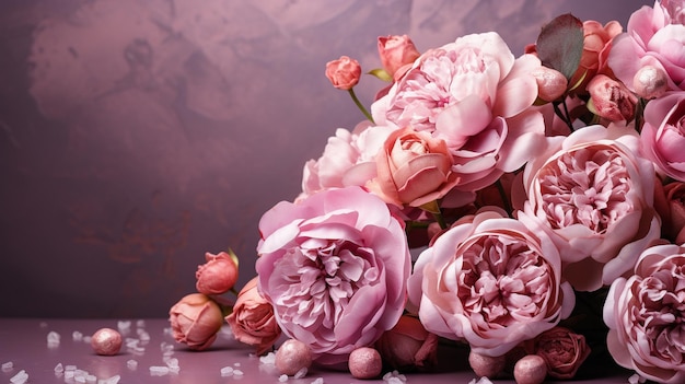 Pink peonies and roses in a fresh bouquet with text space GENERATE AI