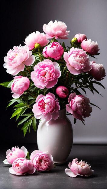 Photo pink peonies in white vase beautiful pink peonies on the floor sun lighting black background