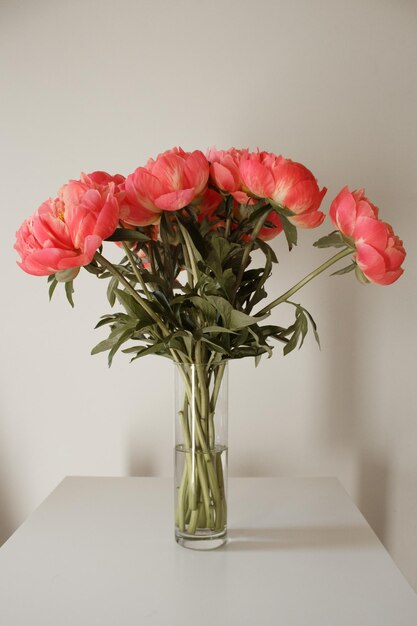 Pink peonies with a candle in glass with white background