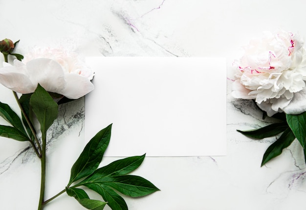 Pink peonies with empty card on white  background, top view, space for text. floral greeting card mock-up. happy valentines day