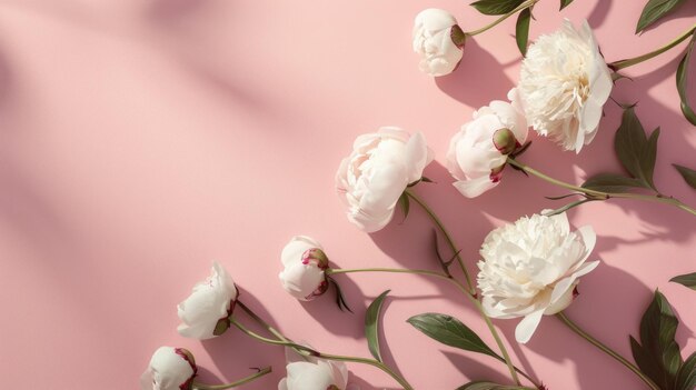 Pink peonies with shadows on pink background