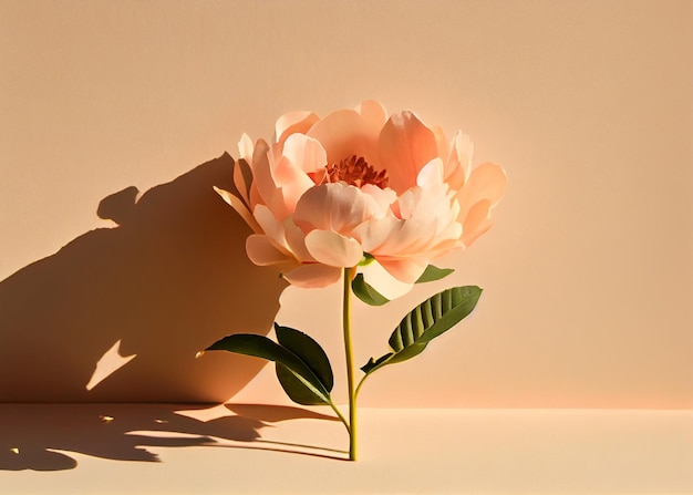 Pink peony flower with leaves on beige background AI Generated