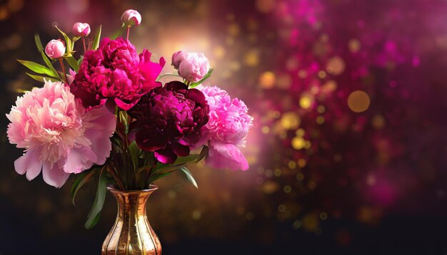 Photo pink peony flowers in a vase on a dark background with space for text