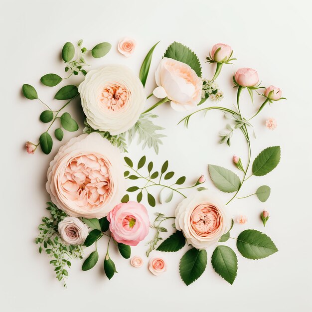 Photo pink peony flowers on white background surrounded with green leaves