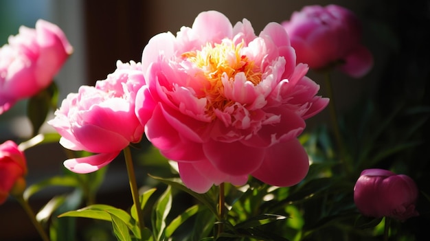 A pink peony is shown with the word peony on the top.