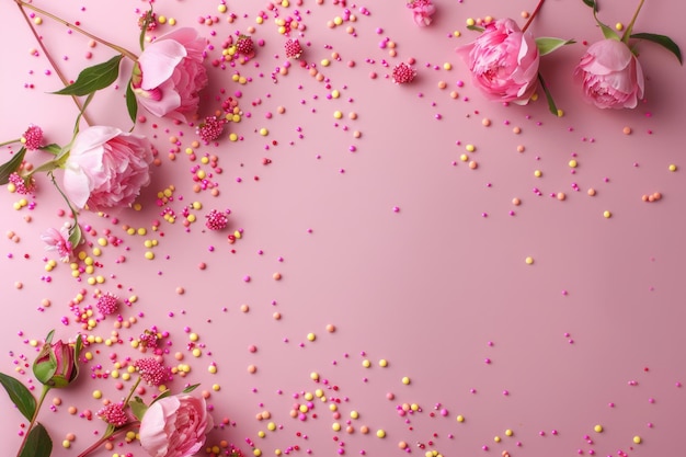 Pink peony rose buds and sprinkles on pastel pink background