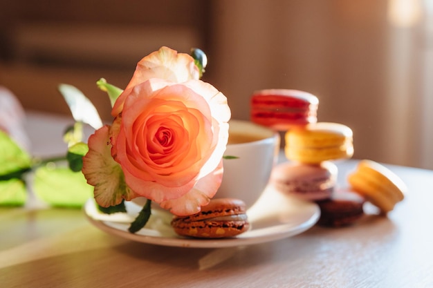 Fiore rosa peonia rosa e biscotti maccheroni e fragola dolce su sfondo blu piccolo cak francese