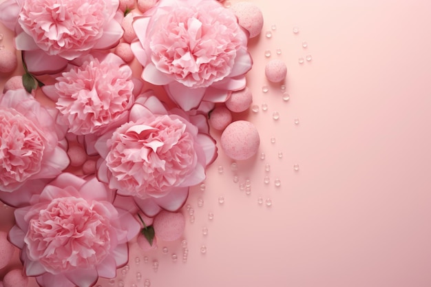 Pink peony roses with sprinkles on pastel pink background