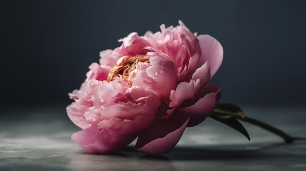 A pink peony on a table with a dark background