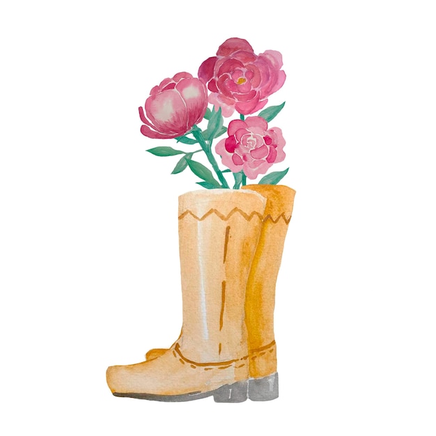 Pink peony watercolor flowers. Rose peony bouquet in cowboy boots. Birthday greeting card design.