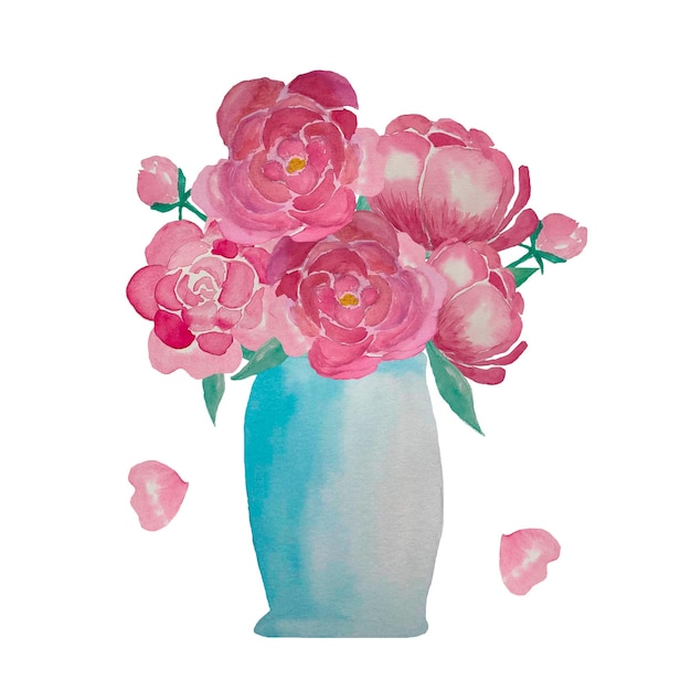 Pink peony watercolor flowers. Rose peony bouquet in vase. Mothers day gift, Valentines day gift