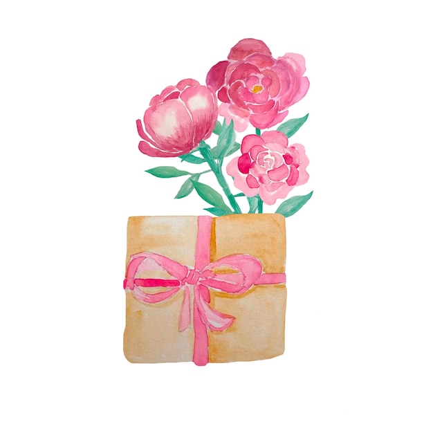 Pink peony watercolor flowers. Rose peony bouquet with gift box. Mothers day gift, Valentines day