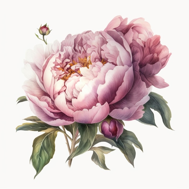 A pink peony with a green leaf on the left side.