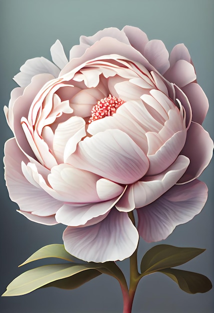 A pink peony with a green stem and a white flower.