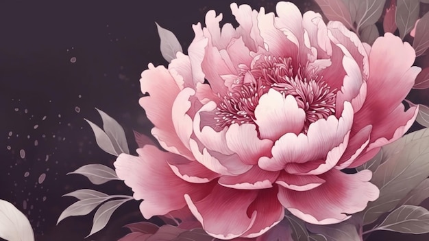 A pink peony with leaves on a dark background