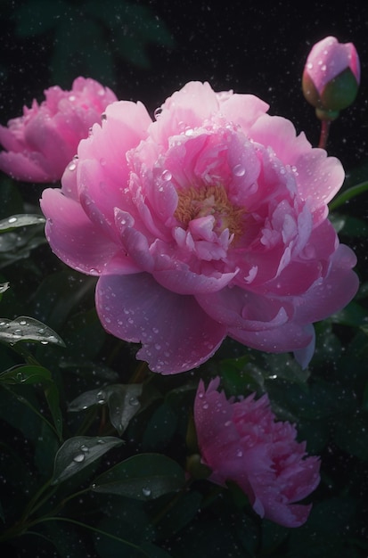 A pink peony with water droplets on it