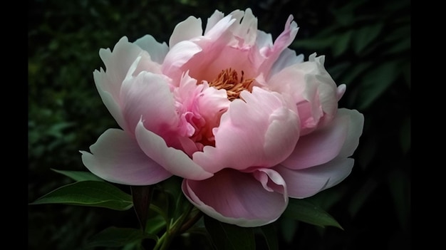 A pink peony with a yellow center is shown.