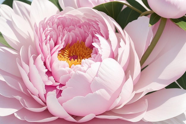 A pink peony with a yellow center