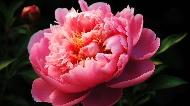 A pink peony with a yellow center.