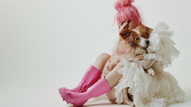 Foto la perfezione rosa una ragazza capricciosa e il suo giocoso compagno canino