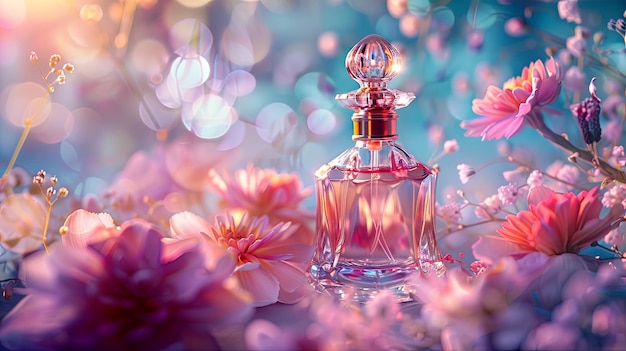 pink perfume bottle is surrounded by delicate pink flowers in a beautiful arrangement Generative AI