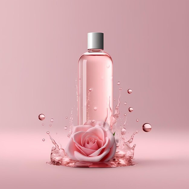 Pink perfume bottle on pastel pink background roses as set dressing clean product bottles with no lables