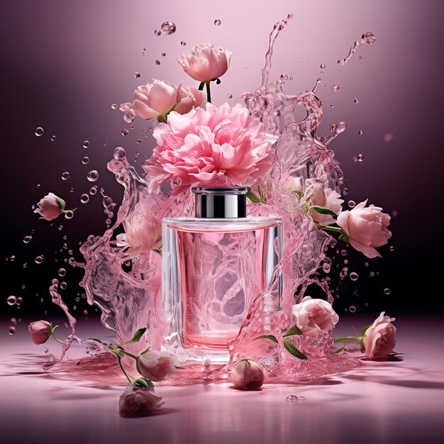 写真 水と花に囲まれたピンクの香水ボトル