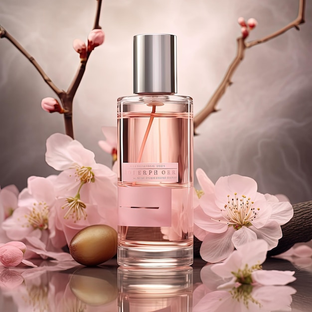 pink perfume bottle with cherry blosam tree