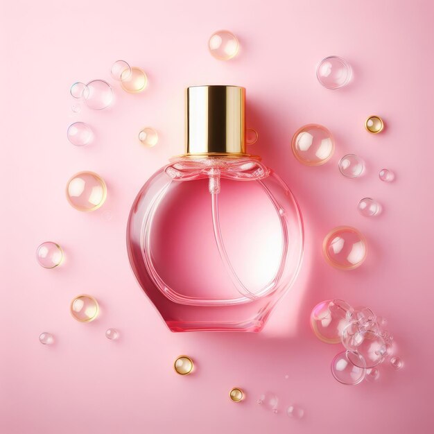 A pink perfume bottle with a gold cap surrounded by bubbles in a pink background