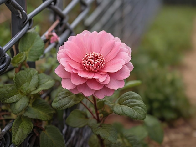 Pink Petaled Flower Outside Chain Link Fence