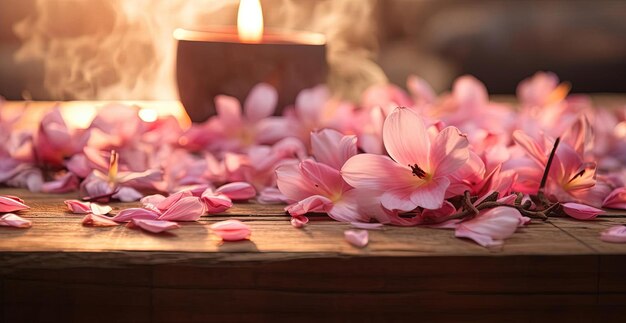 Photo pink petals on a wooden table with burning fire against bright sun rays in the style of blurred