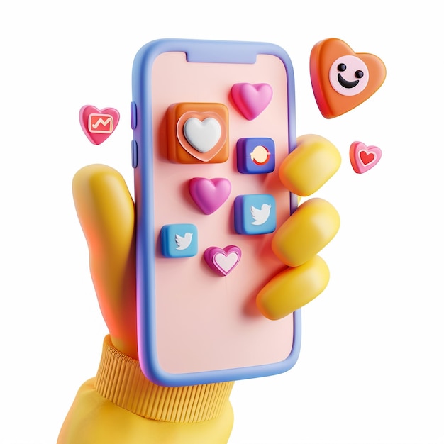多くの心を持つピンクの電話とその上に心を持つピーンクの電話を持っている人