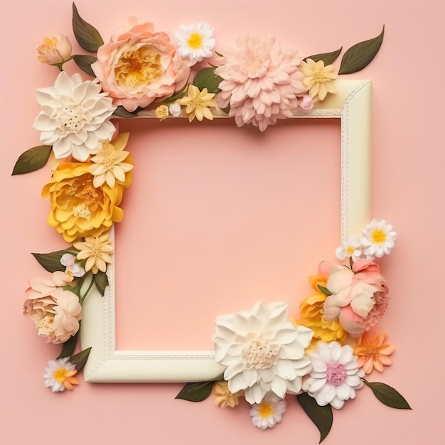 A pink photo frame with flowers on a pink background