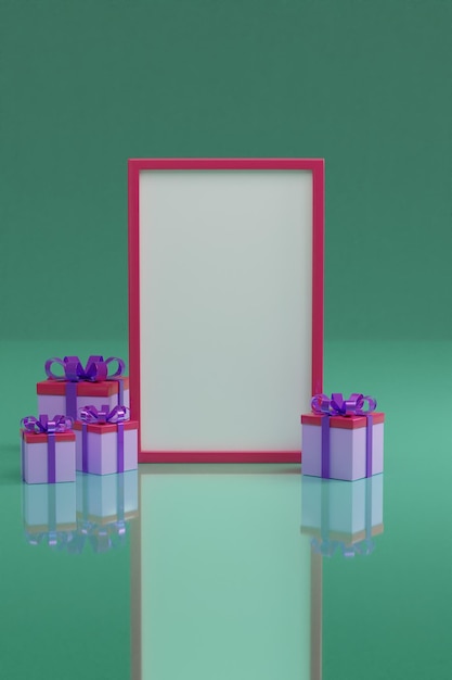 Pink photo frame with purple giftboxs on green background