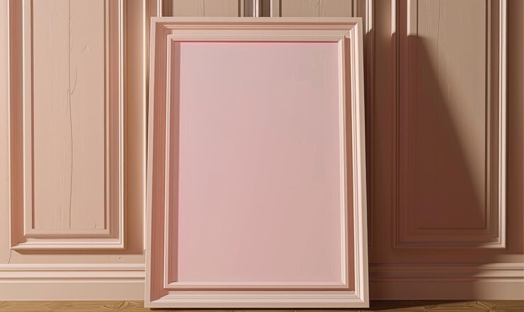 Photo pink picture frame mockup hanging on a wooden wall