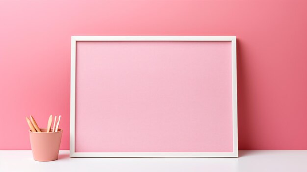 a pink picture frame with a pencil holder and a pink wall