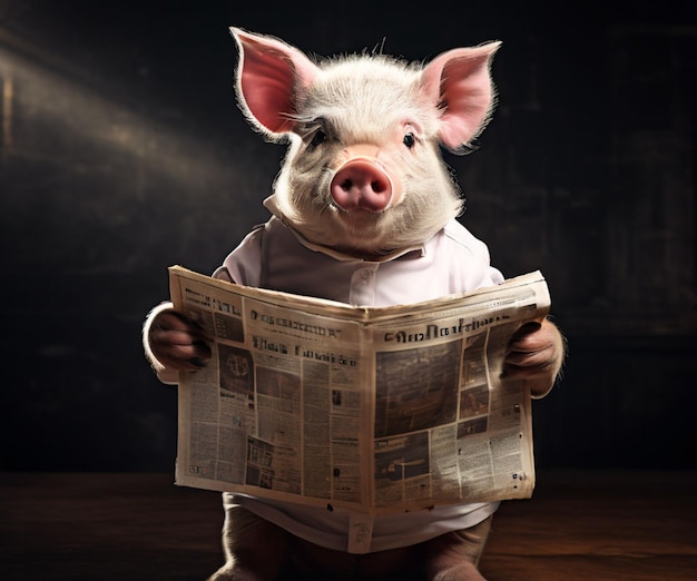Розовая свинья читает газету и улыбается.