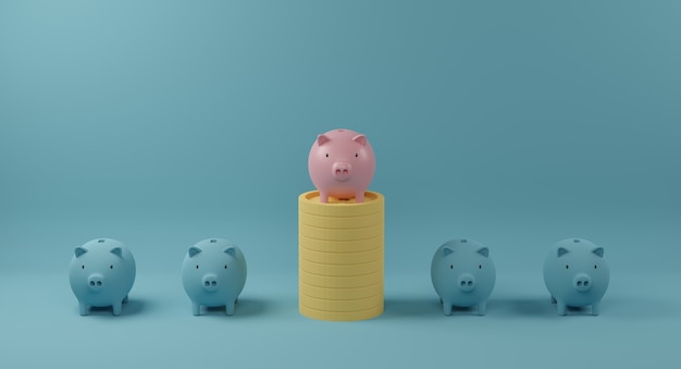 Pink piggy bank on coin stack standing out from crowd of identical blue fellows. Concept of outstanding and different. 3d rendering.