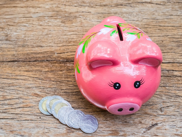 Pink Piggy Bank and Coins on the table