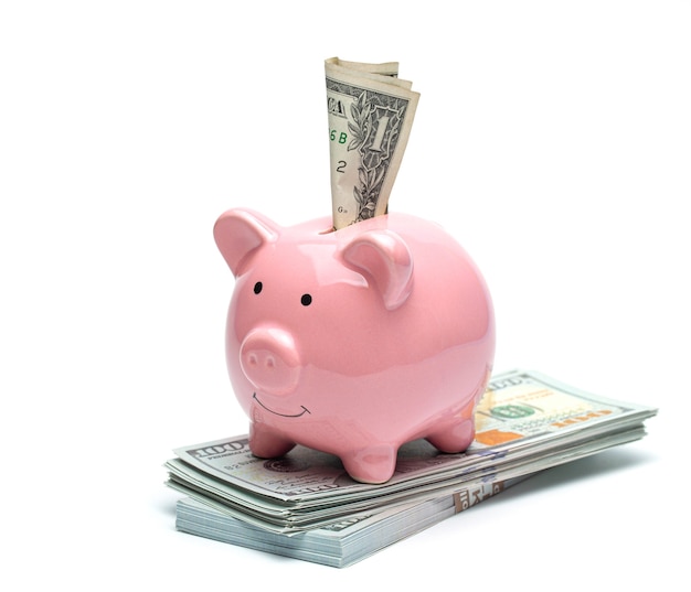 Pink piggy bank and dollar bill isolated on a white background.