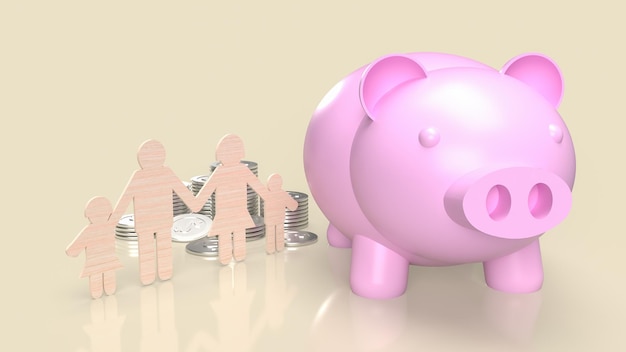 Pink piggy bank and family wood cut 3d rendering