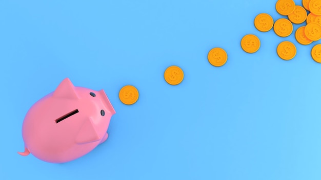 Pink piggy bank and gold coins on a blue background The concept of finding 3d render