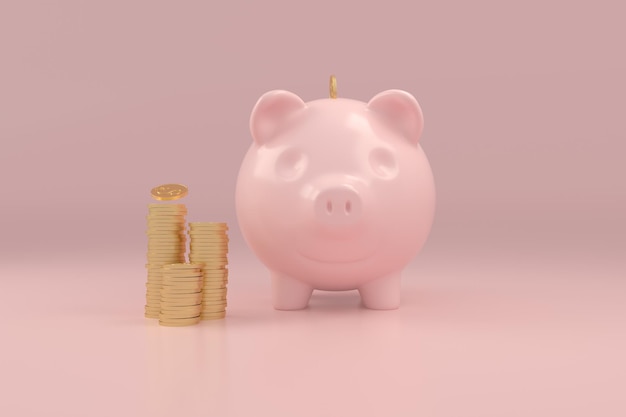 Pink piggy bank and gold coins stacked on pink background with concept of saving money, with empty space for the text. Financial planning for the future. 3D rendering.